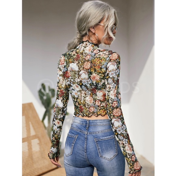 Multicolor Floral Print Mesh Sheer Shirt Crop Top Long Sleeve See-Through - Picture 4 of 7
